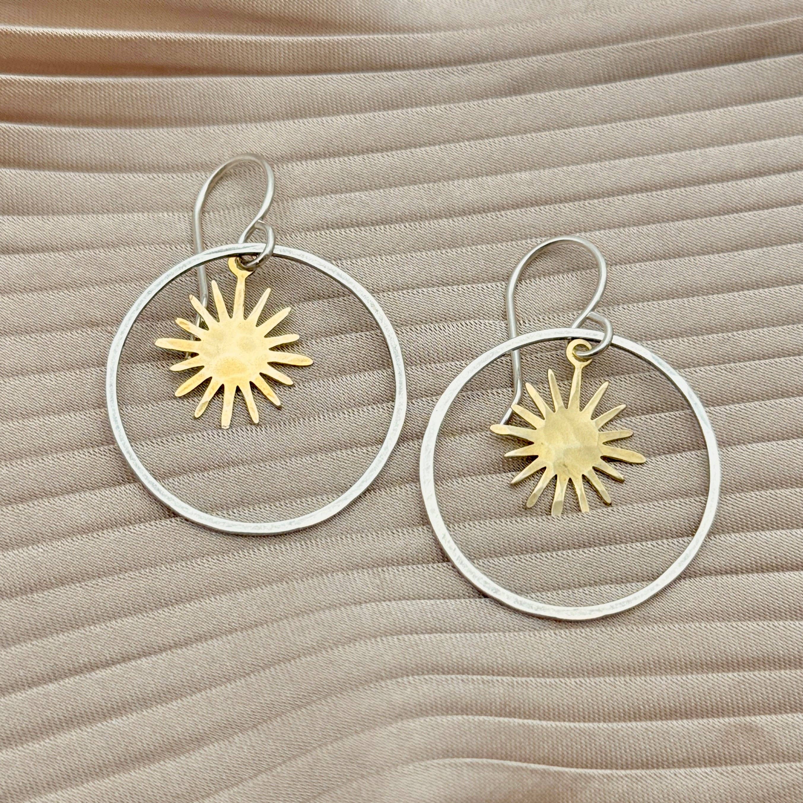 Twilight Earrings: Silver Hoop/ Gold Burst