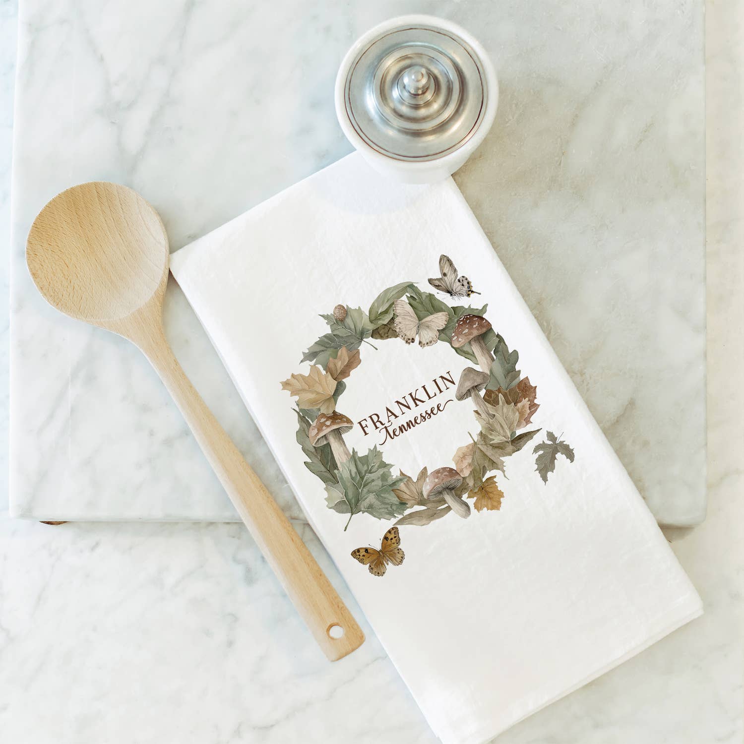 Custom Fall Wreath Tea Towel: White
