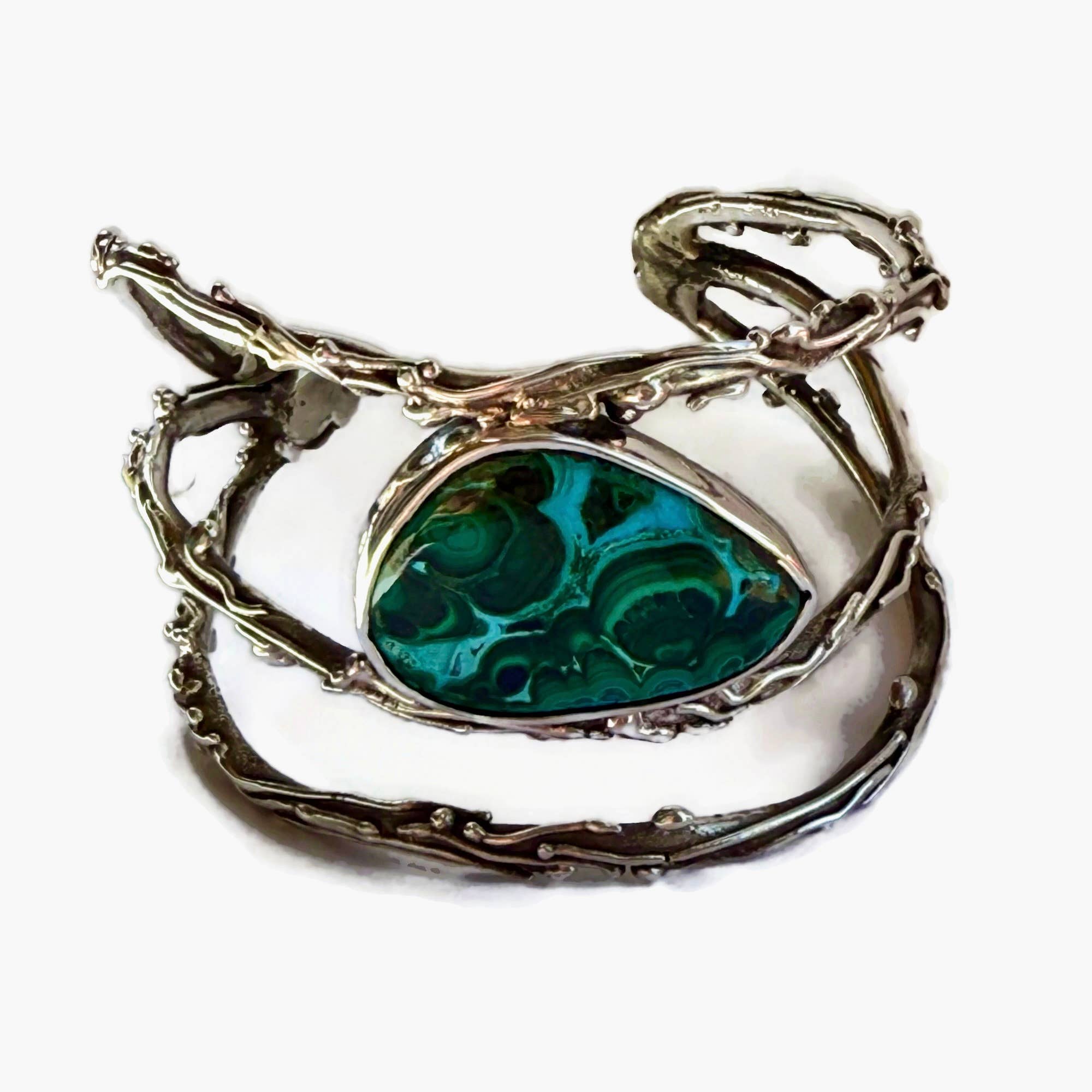 Ladies statement cuff twig fused Chrysocolla Malachite cab: M