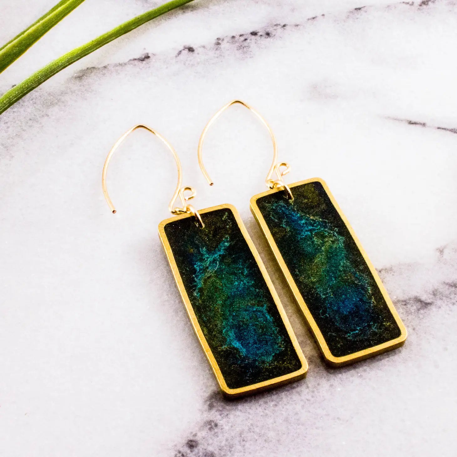 Green Swirl Brass Rectangle Earrings