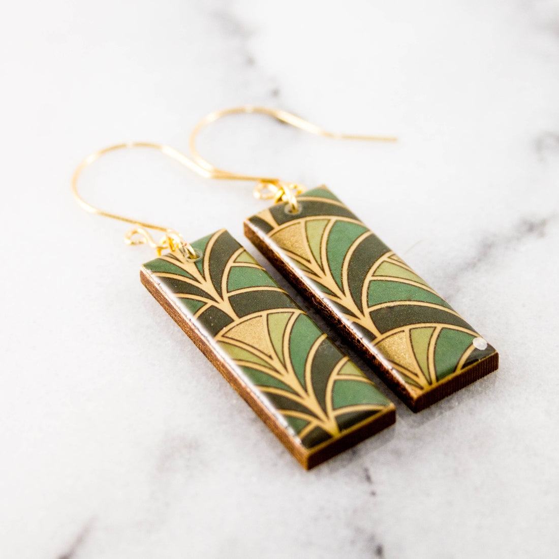 Green + Gold Deco Fan Rectangle Earrings