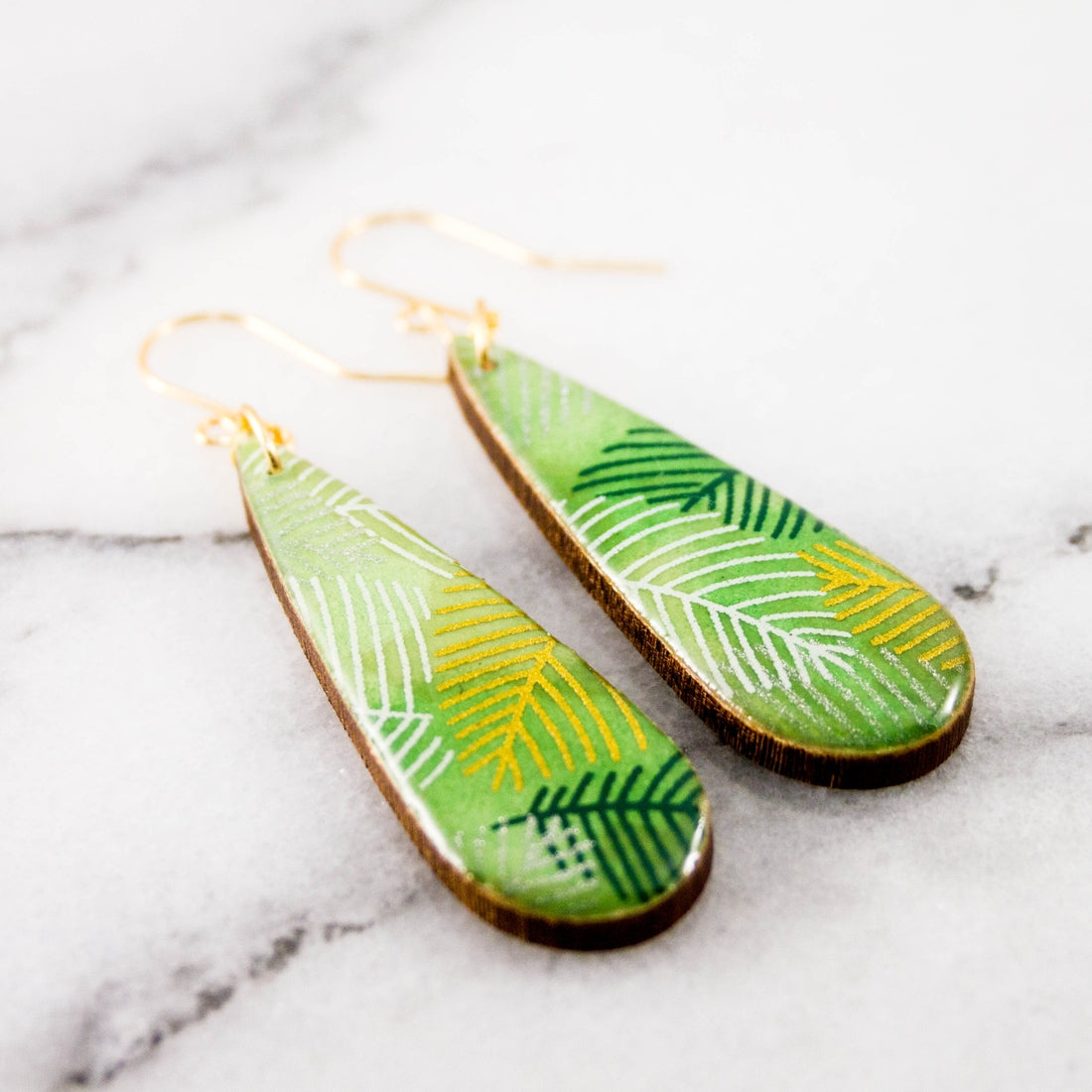 Green + Gold Fern Teardrop Earrings