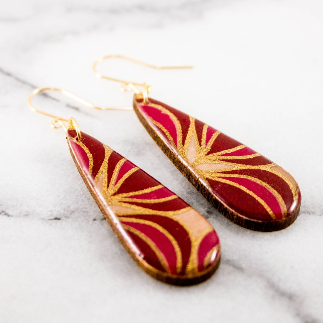 Magenta Deco Sunburst Teardrop Earrings