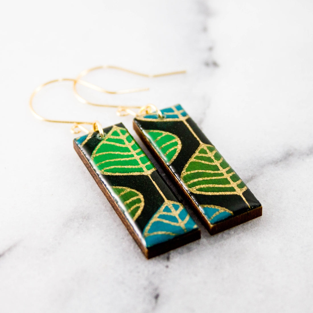 Mod Green Leaf Rectangle Earrings