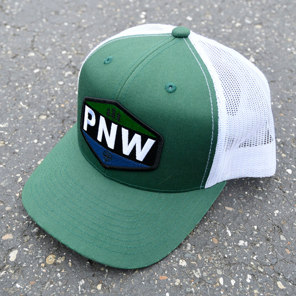PNW STMP | Patch Hat | Curbed Bill Trucker Hat (Green White)