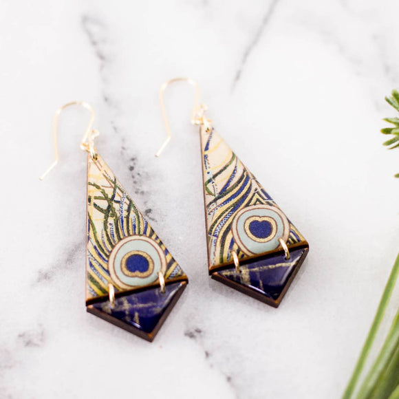 Peacock Feather Double Triangle Earrings