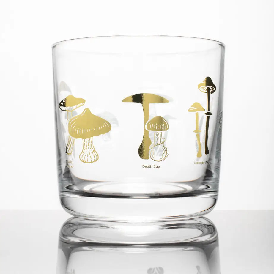 Poisonous Mushrooms Whiskey Glass Gold Foil
