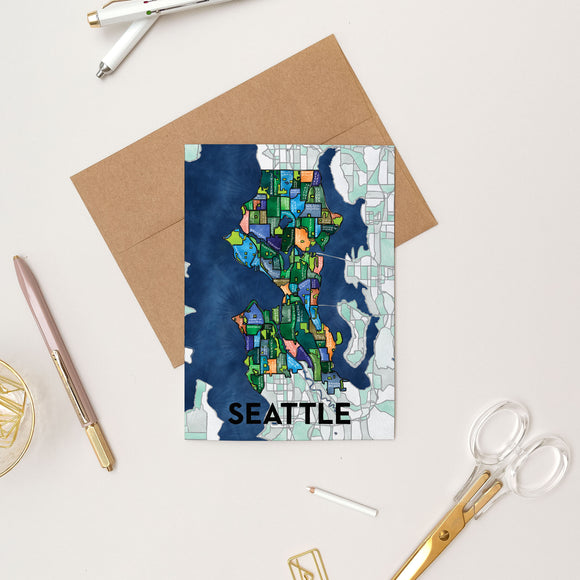 Seattle Neighborhoods Map Art Greeting Card
