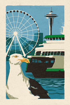 Seattle, Washington - Waterfront Woodblock Magnet