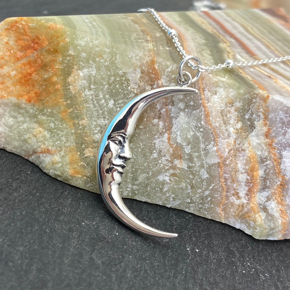 Silver Crescent Moon with Face Necklace