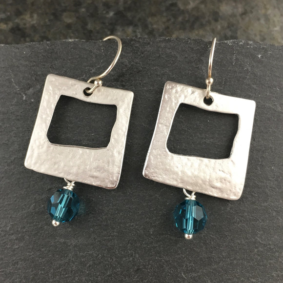 Silver Organic Square With Blue Crystal Earrings