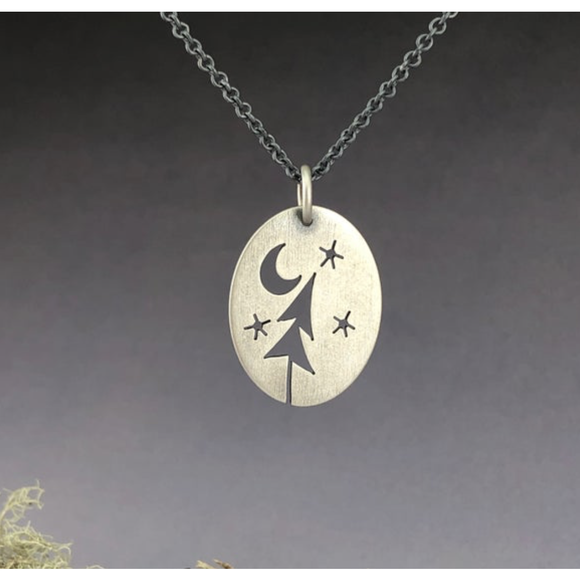 Starry Skies + Open Leaning Pines Oval Pendant