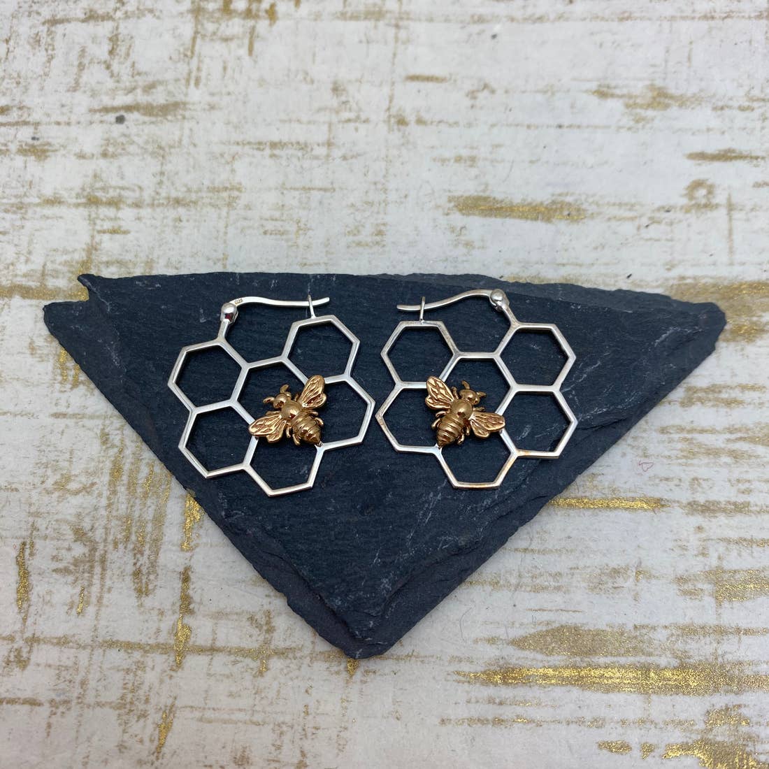 Sterling Silver Honeycomb Hoop Earring with Bronze Bee