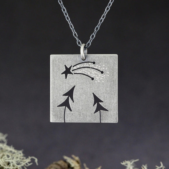 Two Open Pine + Sparkling Trail Shooting Star Square Pendant
