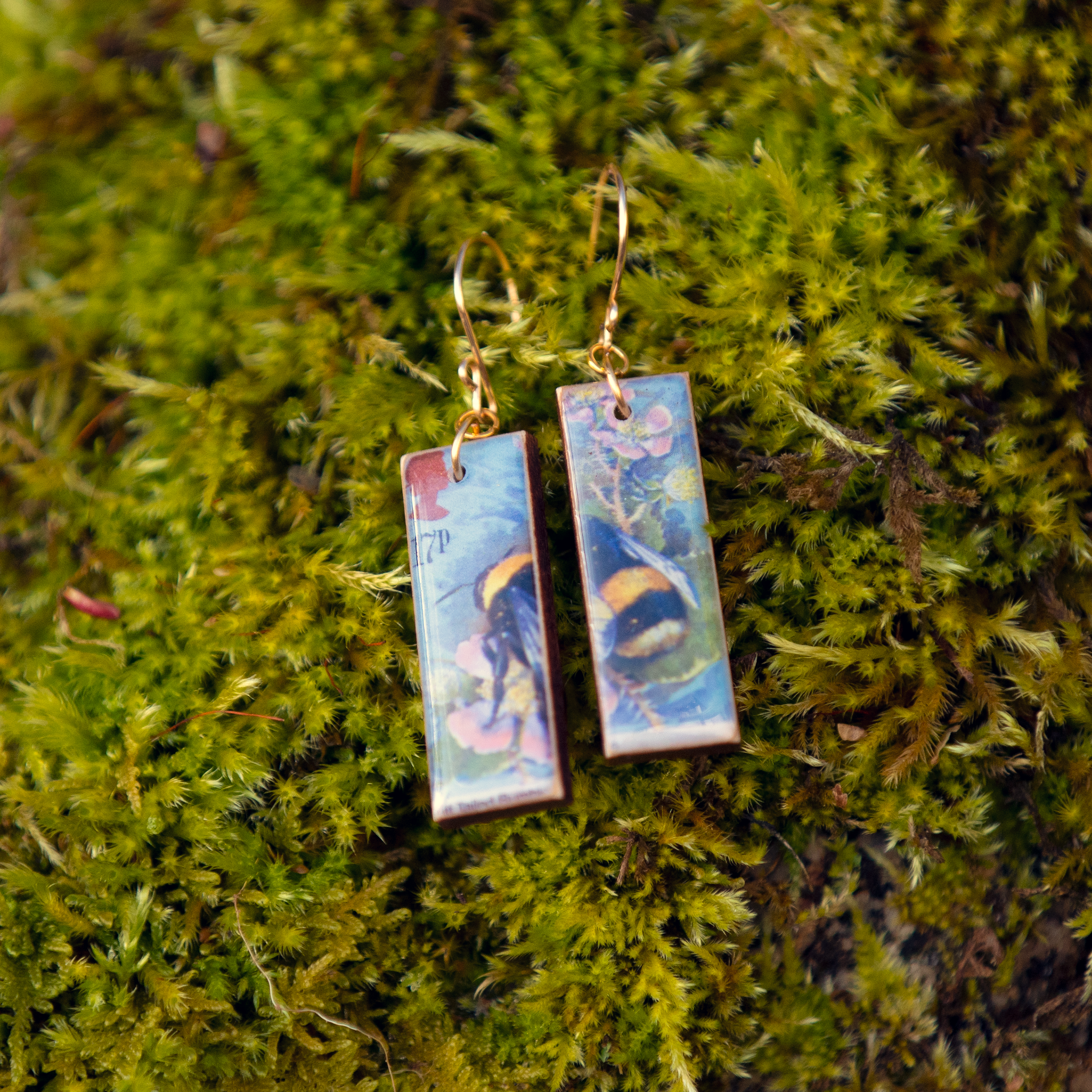 Vintage UK Postage Stamp Bee Earrings