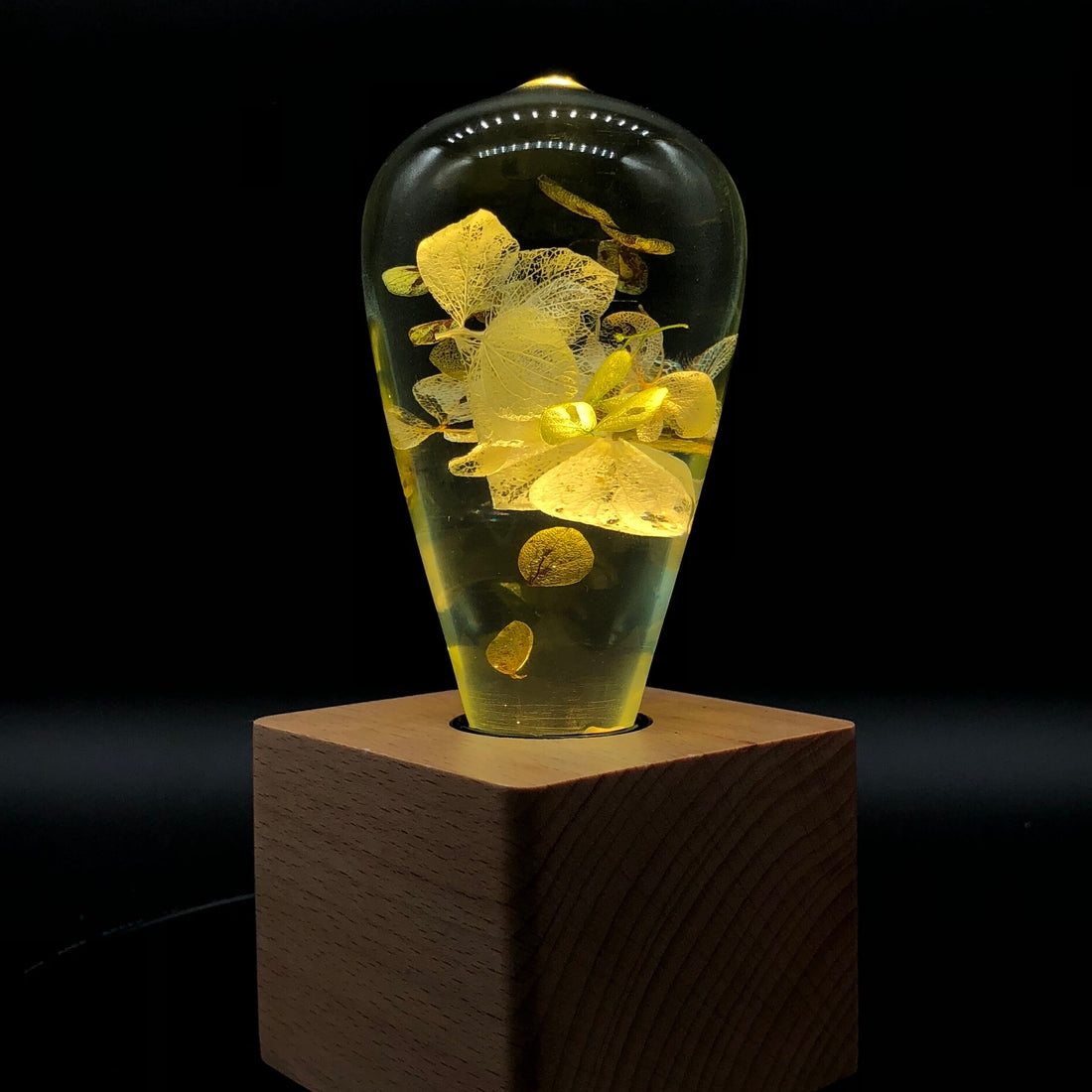 White Hydrangea Bulb + Wood Base