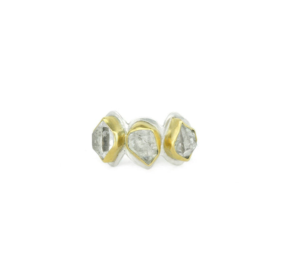 Herkimer Diamond + 22k Gold 3 Stone Glacier Ring  Shiny Sterling Silver