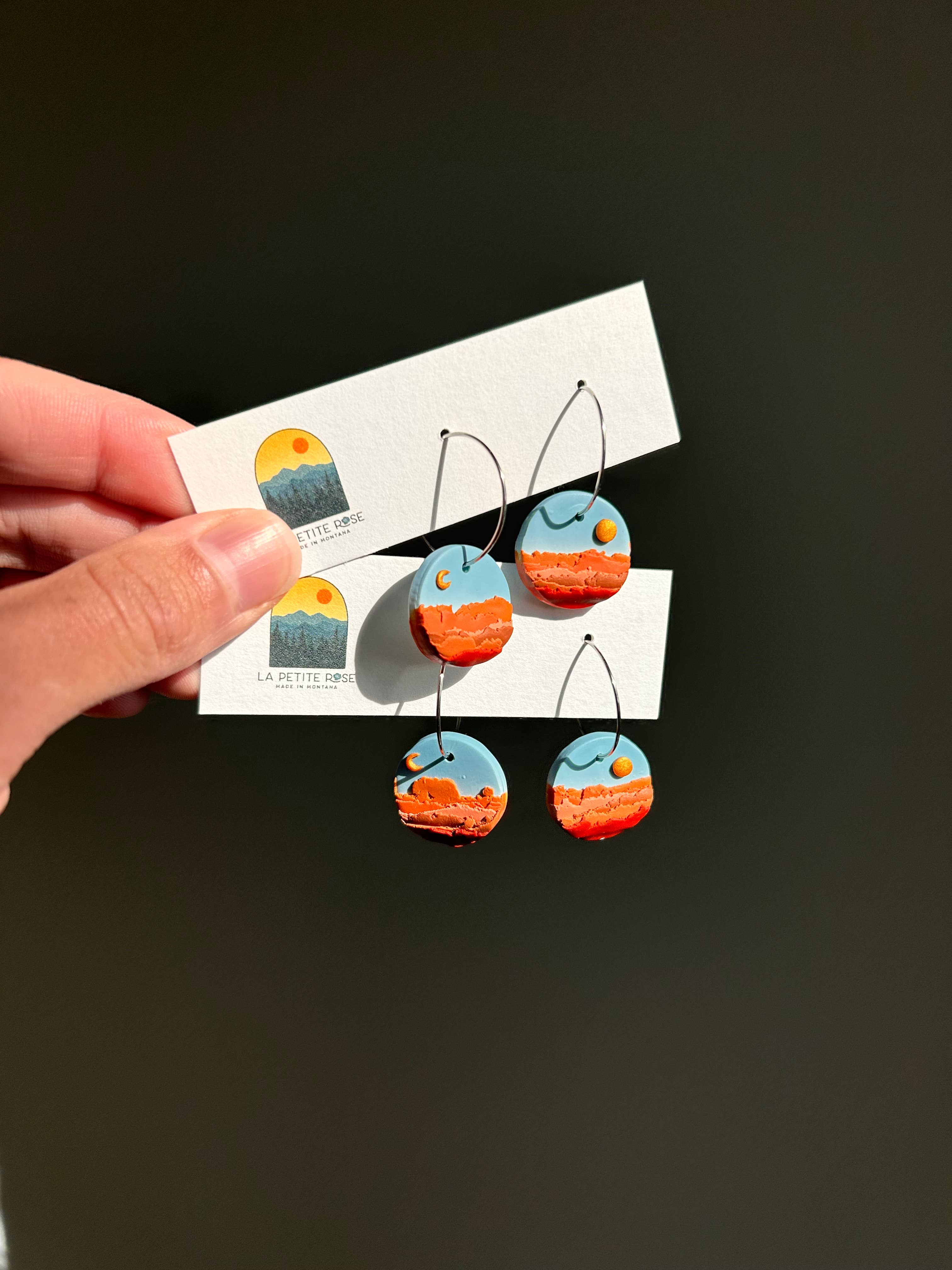 Big Sky Montana Landscape Clay Earrings, Sun Moon Hoops