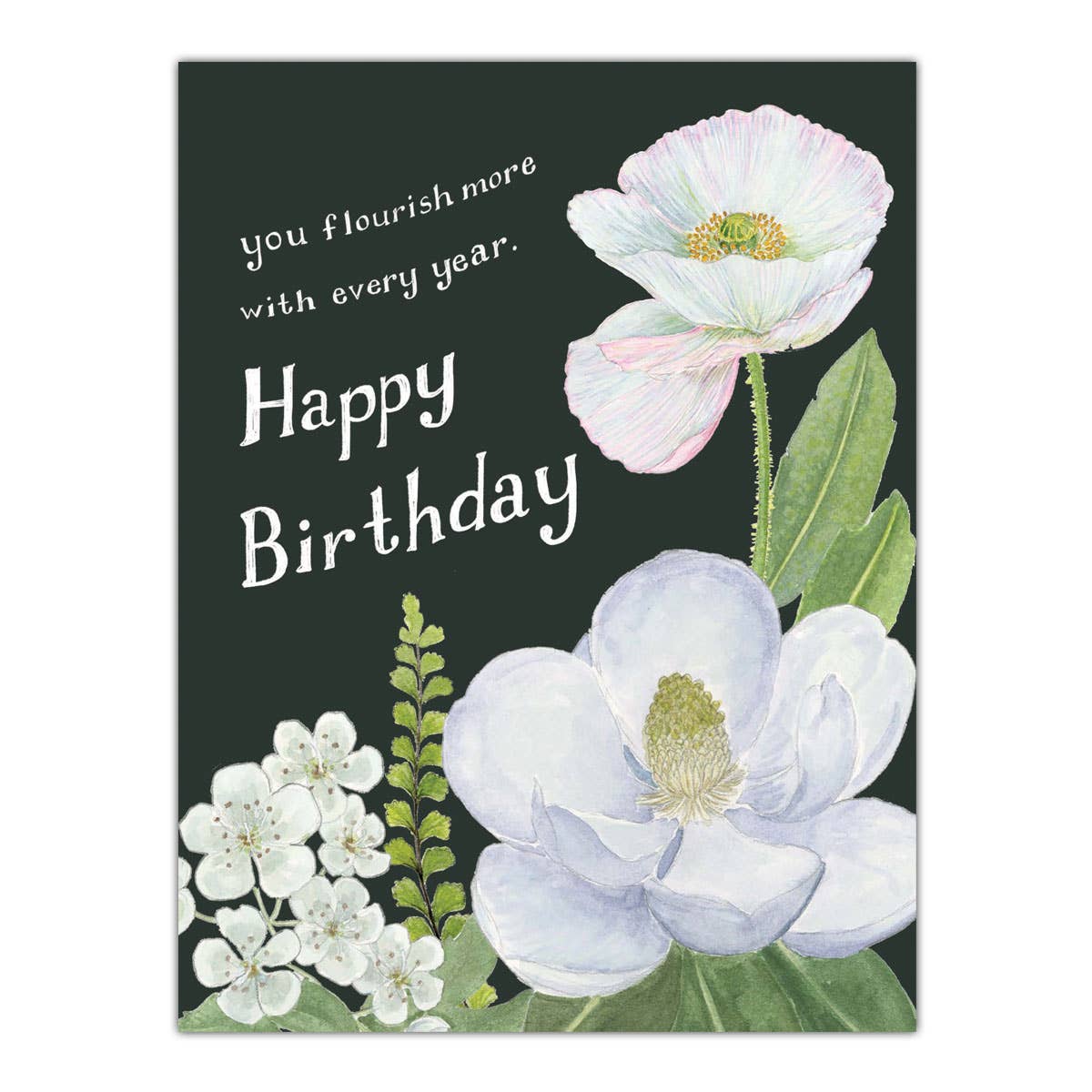 Floral Birthday Card - White and Green Magnolia and Poppy