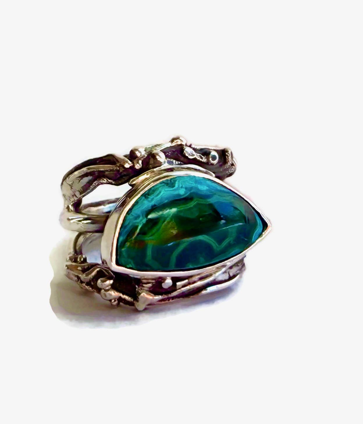 Chrysocolla Malachite Cabochon Fused Twig Ring: 11