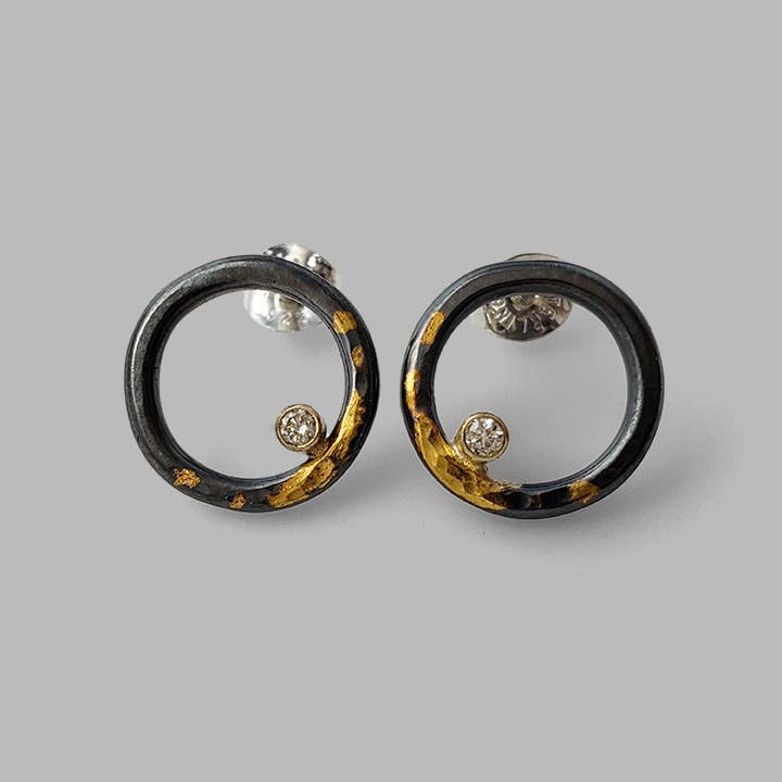 Handmade mixed metal hoop Clearing Studs with diamonds