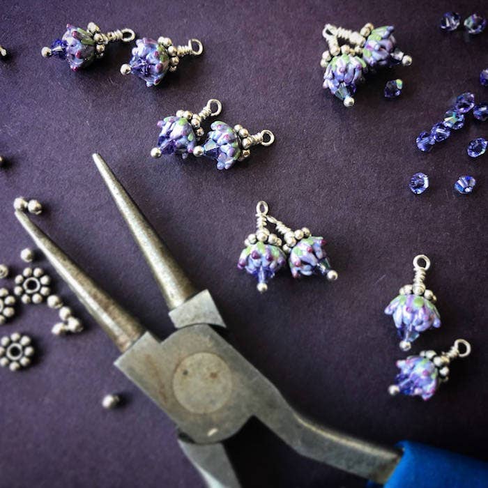 Lavender Bud Teardrops Hammered Silver Post Earrings Small