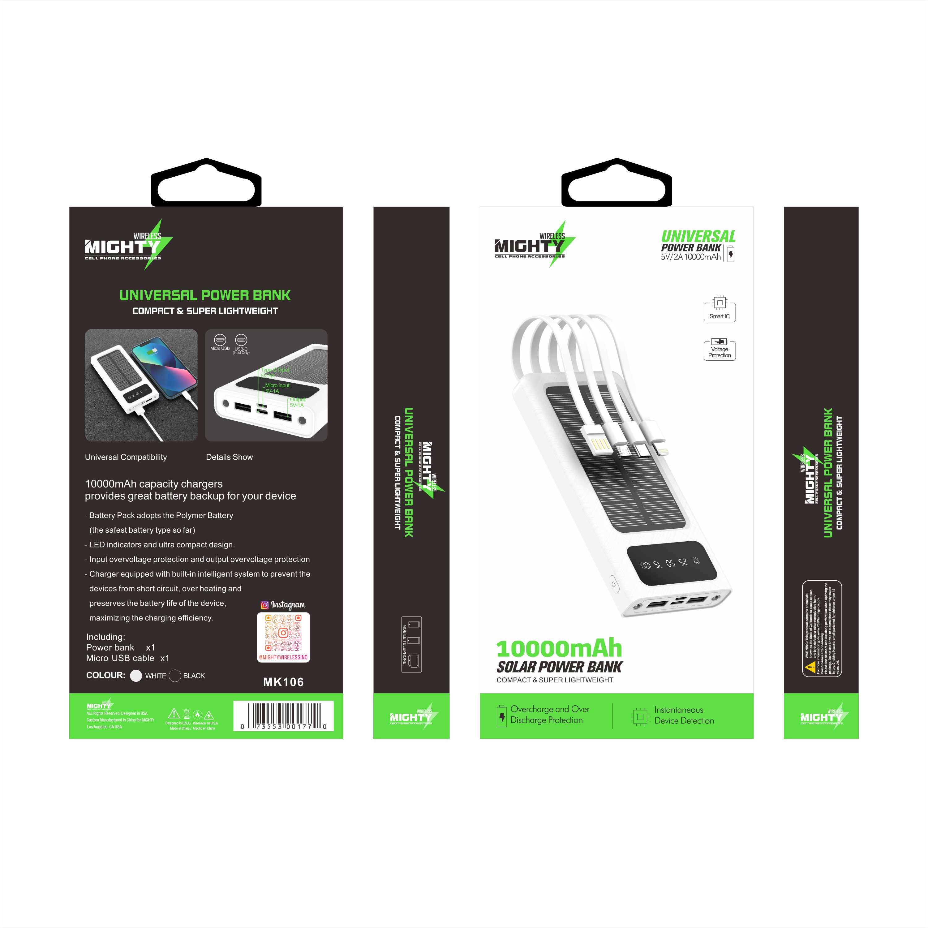 Mighty 10,000mAh Solar Power Bank with 4 Cables White MK106