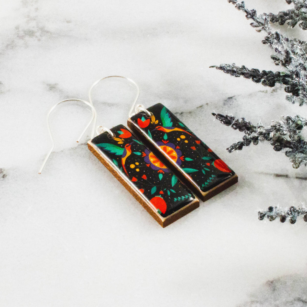 Black Swedish Bird + Flower Rectangle Earrings