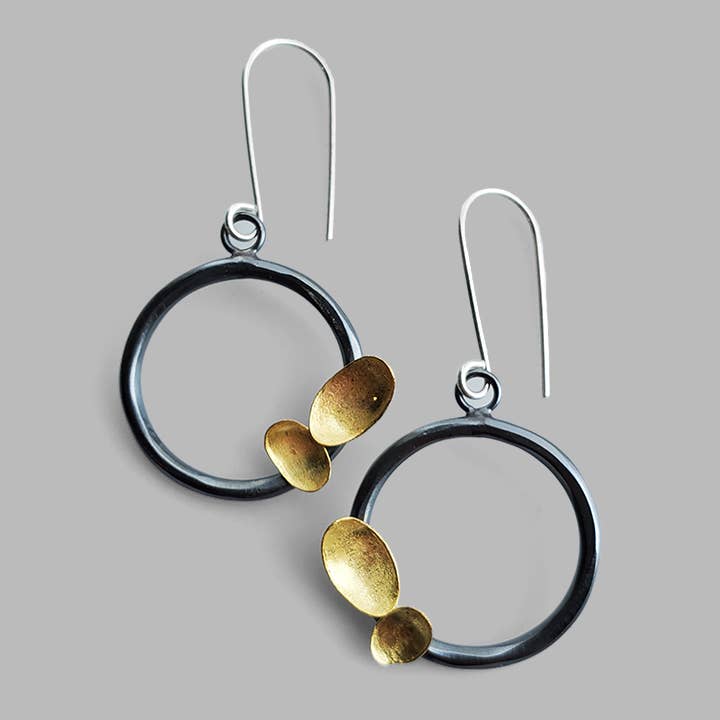 Modern Aerie Earrings in oxidized silver and 18k gold