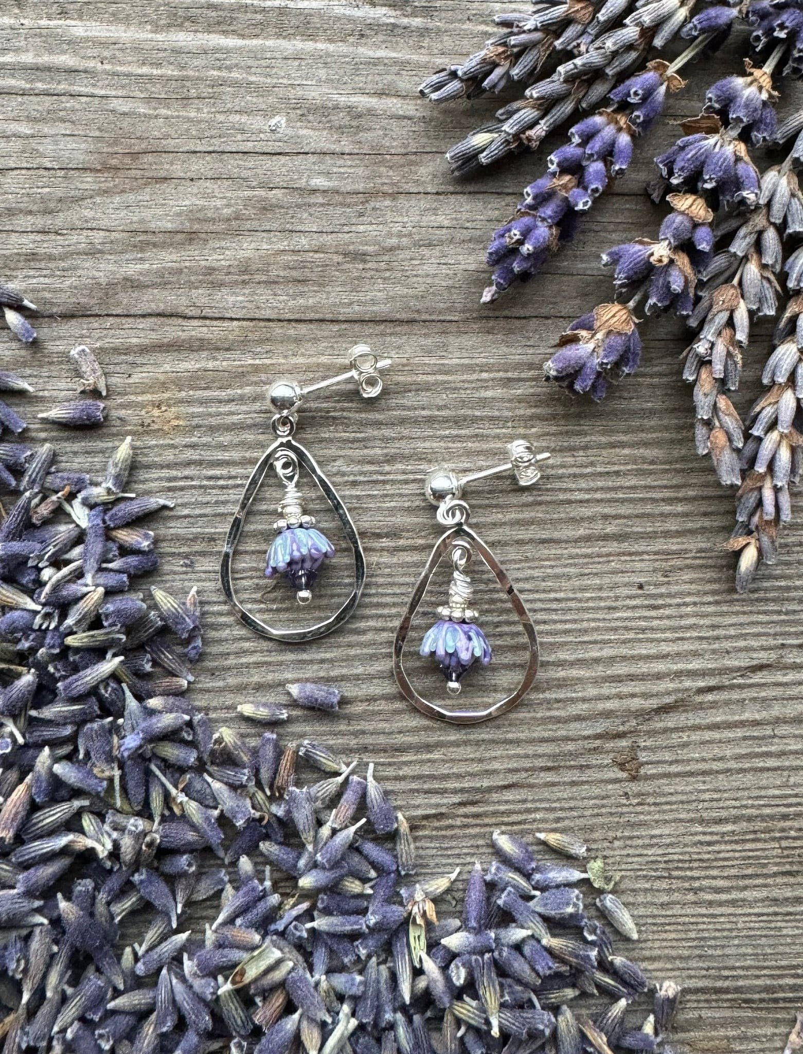 Lavender Bud Teardrops Hammered Silver Post Earrings Small