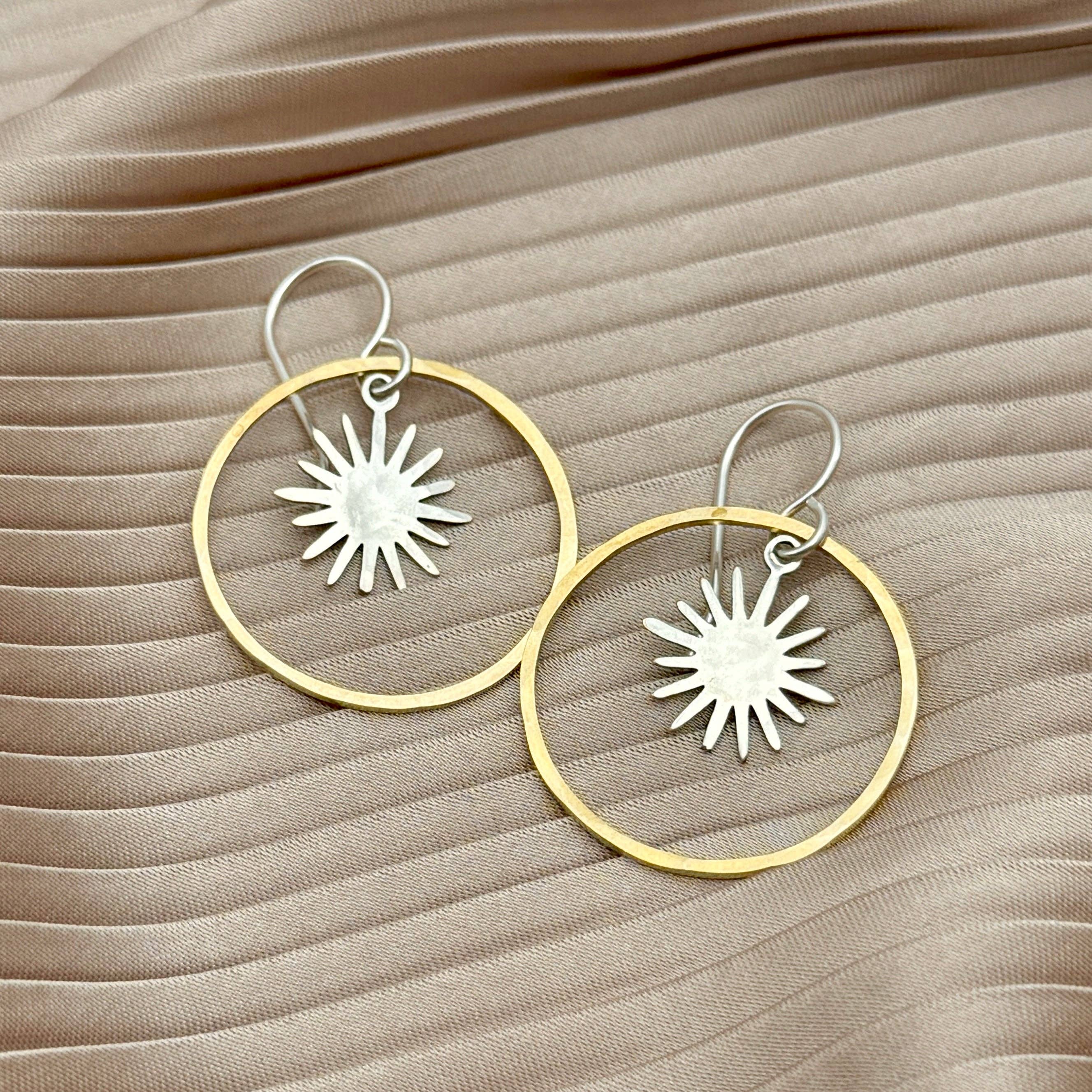 Twilight Earrings: Silver Hoop/ Gold Burst