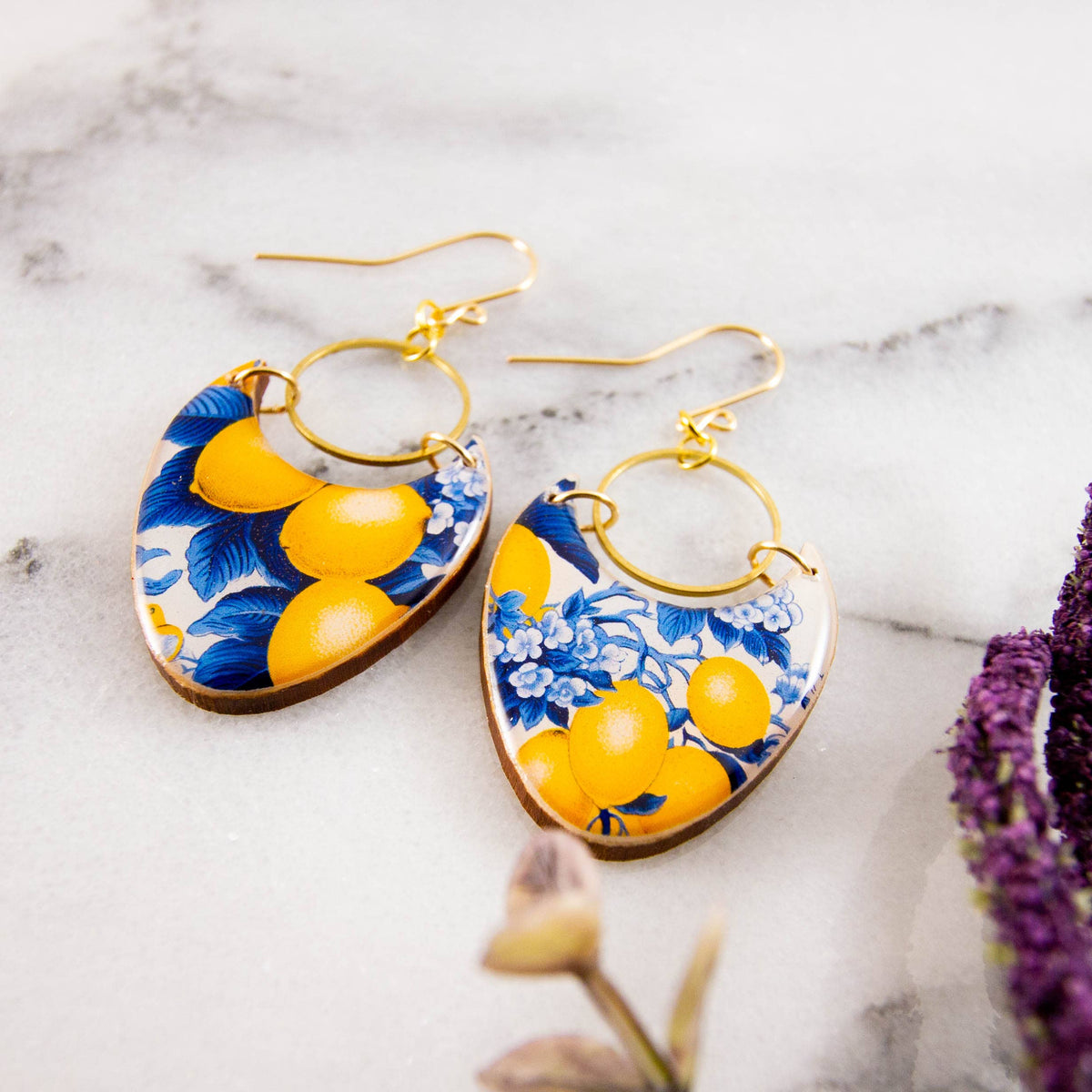 French Toile Lemon Brass Ring Statement Earrings
