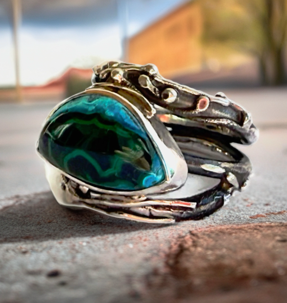 Chrysocolla Malachite Cabochon Fused Twig Ring: 9