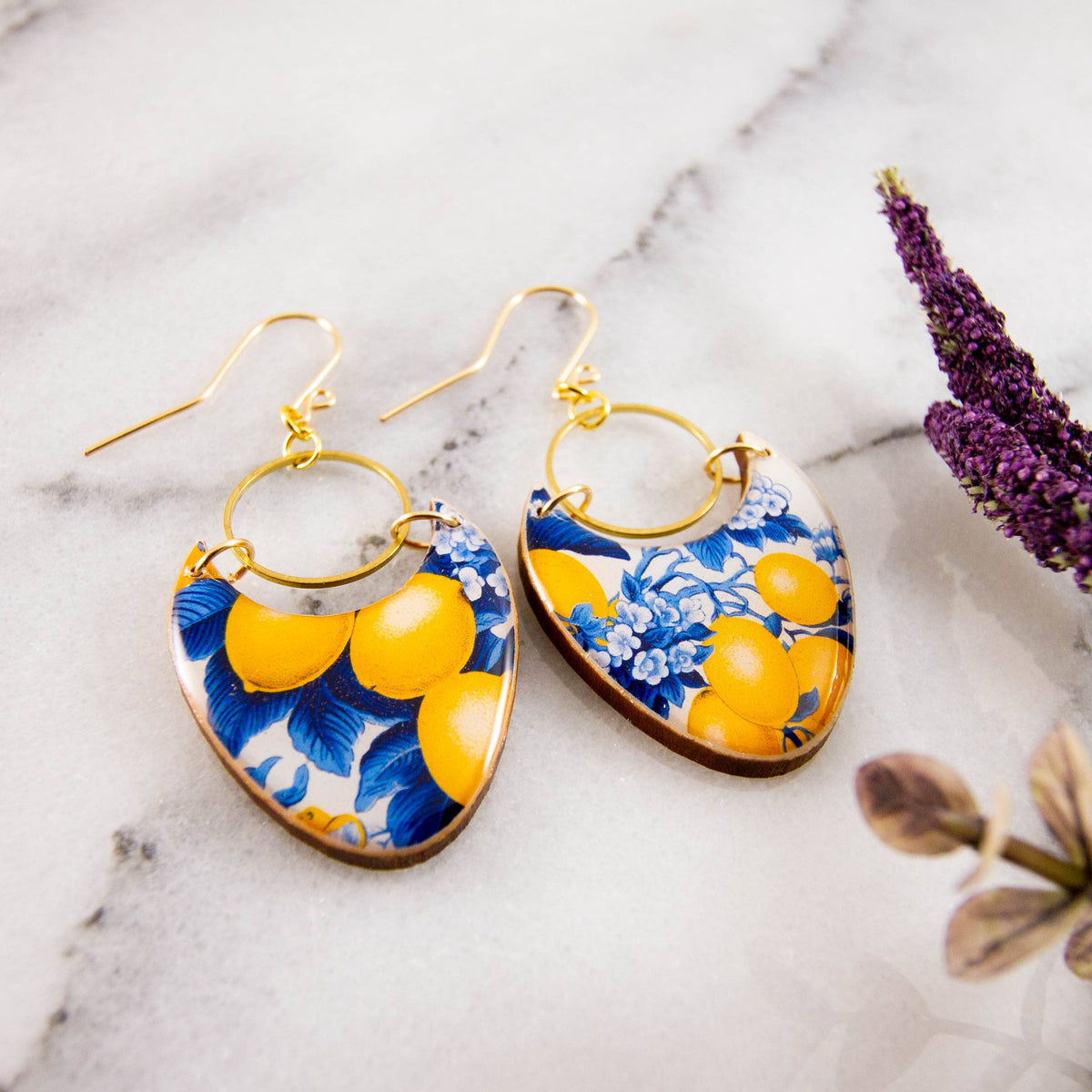 French Toile Lemon Brass Ring Statement Earrings
