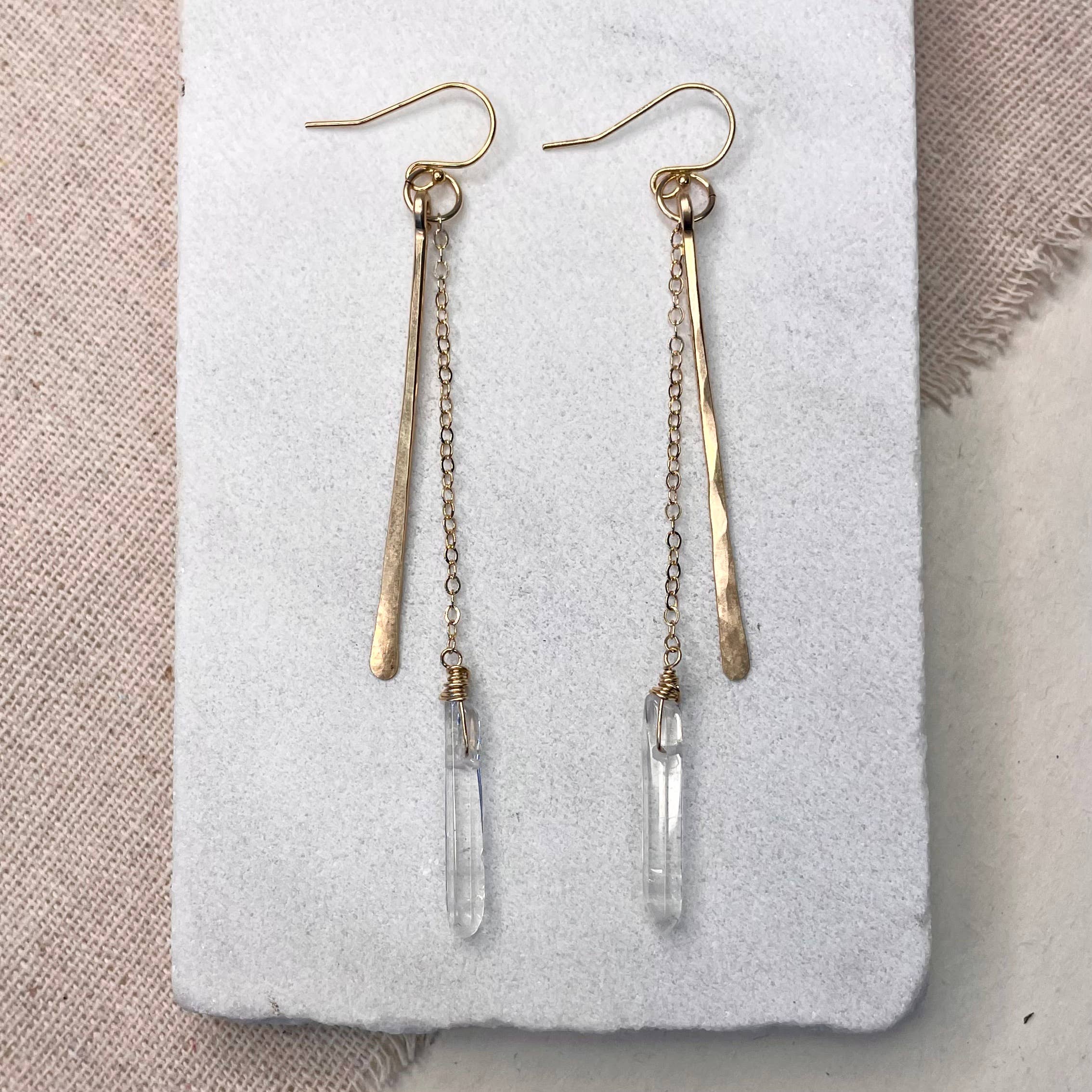 Hammered Stick and Quartz Earrings: Gold Filled