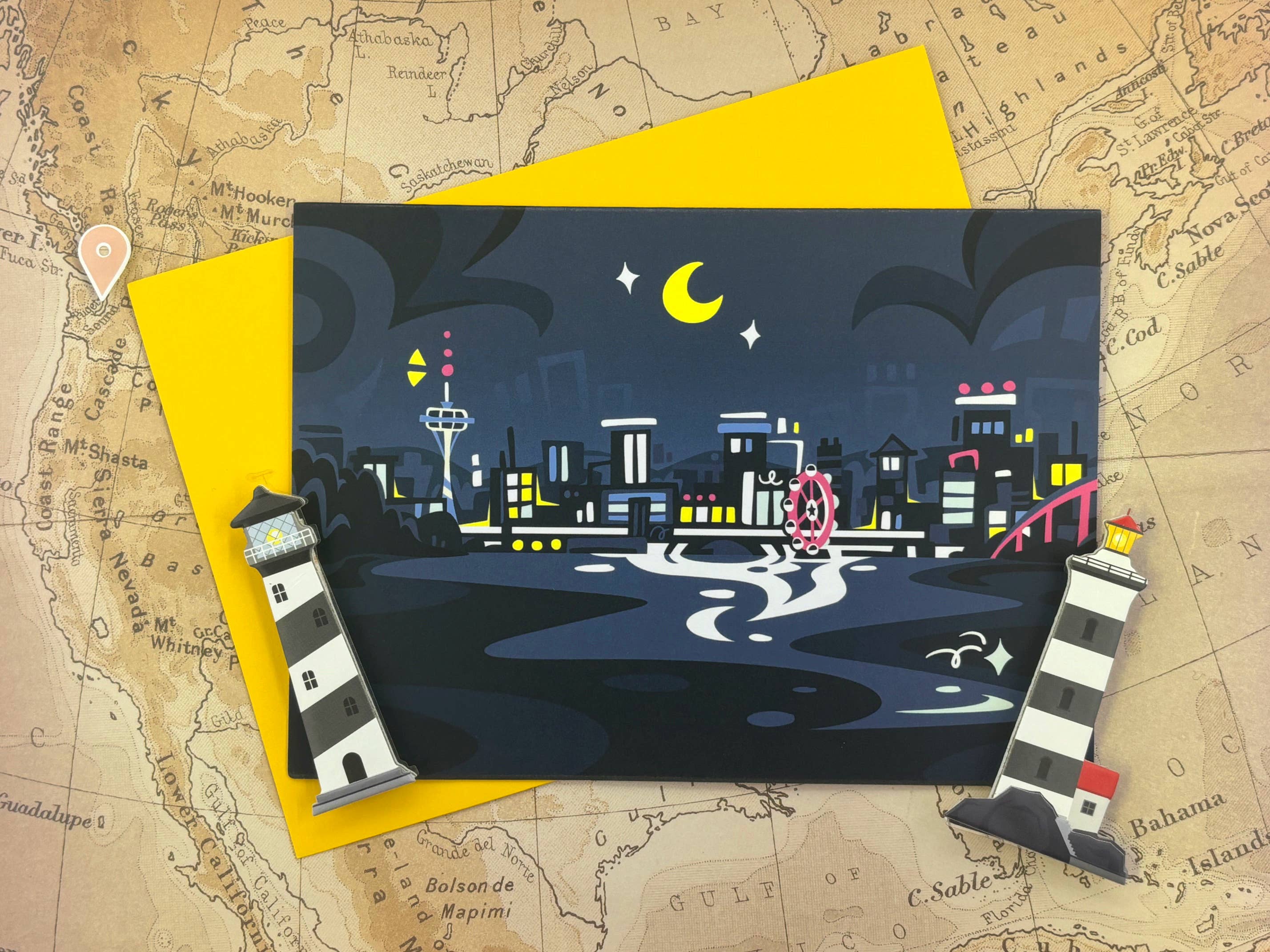 Night Seattle Skyline Travel Greeting Card