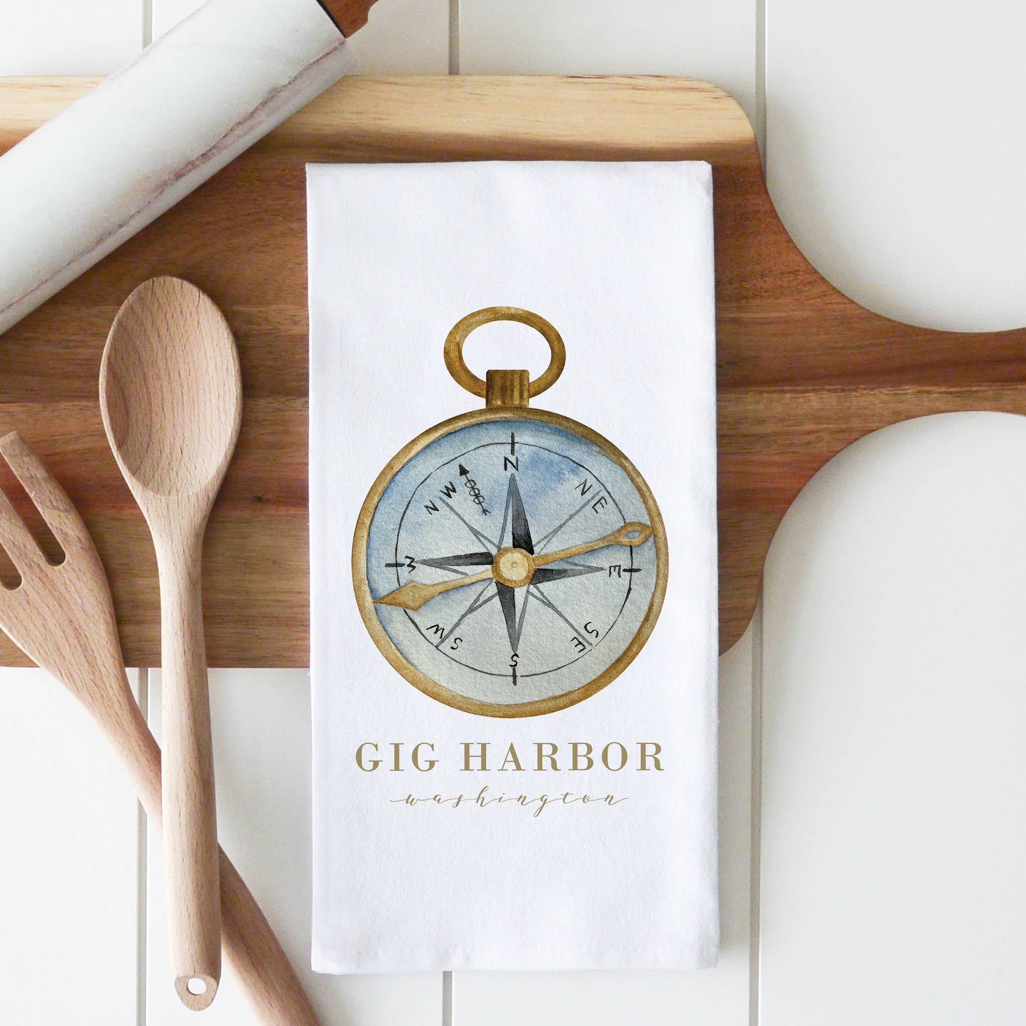 Compass Location Tea Towel: White