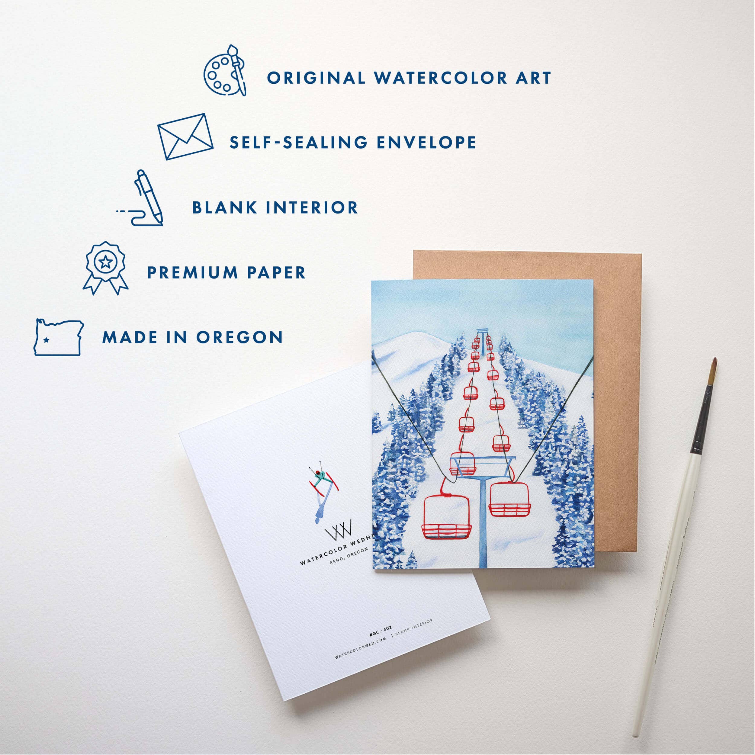 Skiing Holiday Card | Red Chair Ski Lift Christmas Card: Single Card