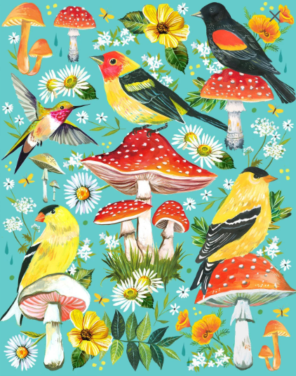 Birds & Mushrooms | Spring Wall art: 8 x 10