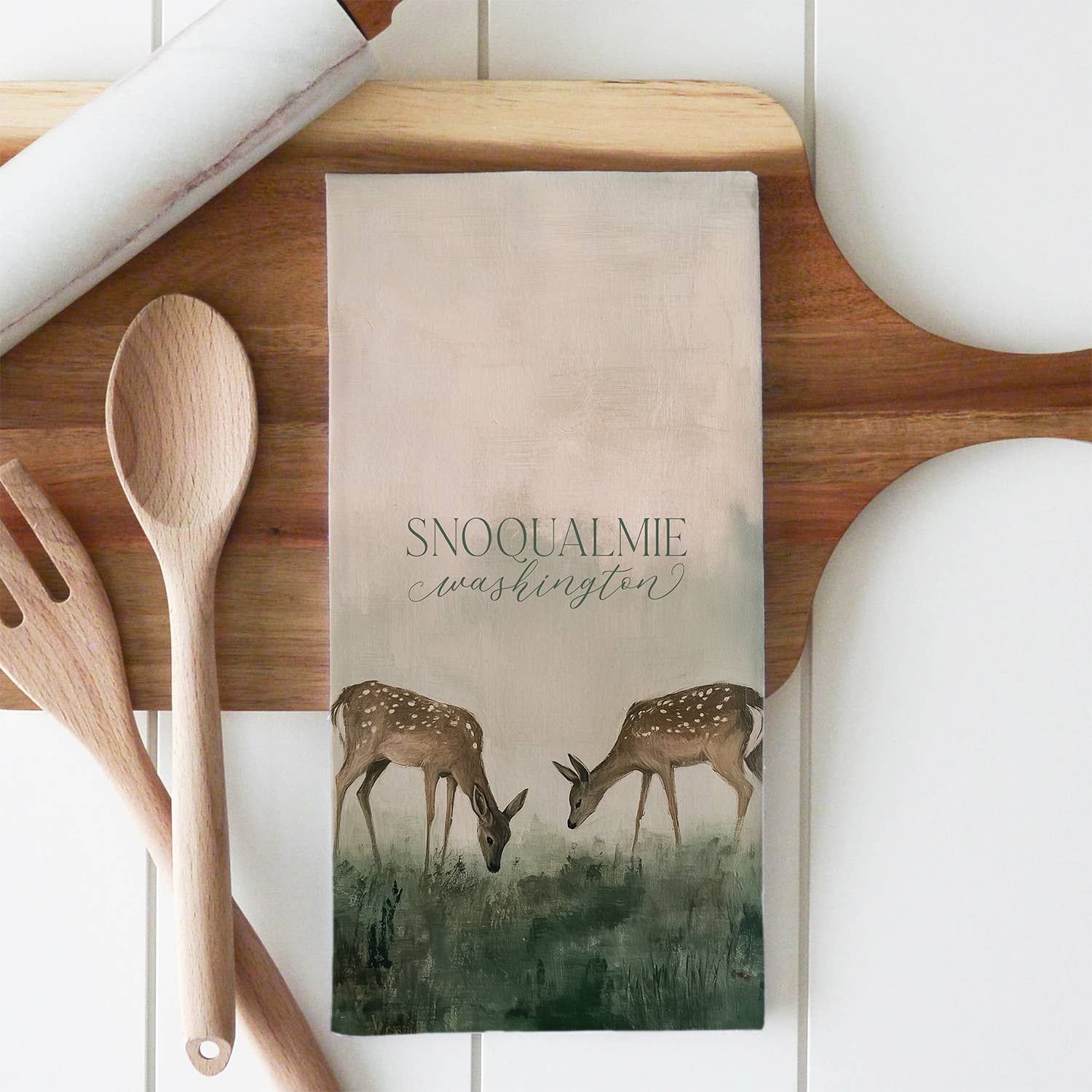 Custom Field of Deer Tea Towel: White