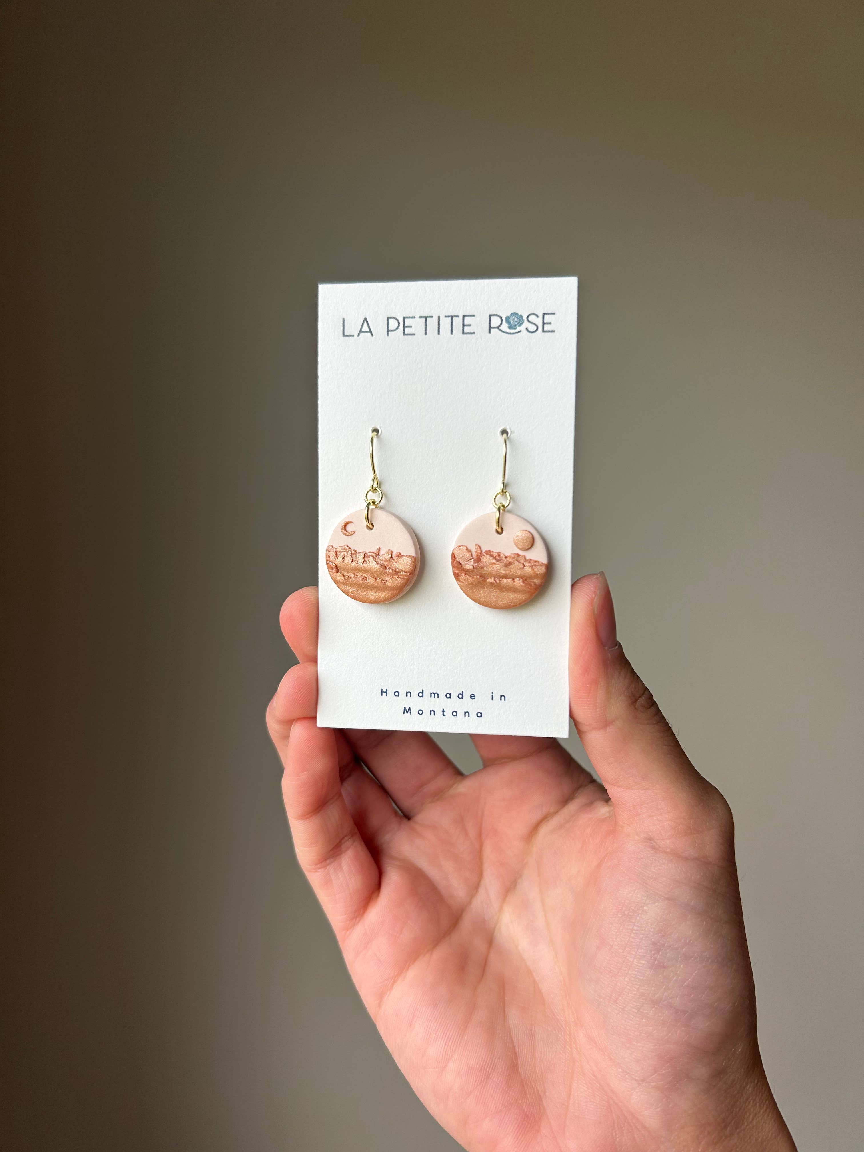 Copper Clay Landscape Earrings, Sun Moon Clay Earrings