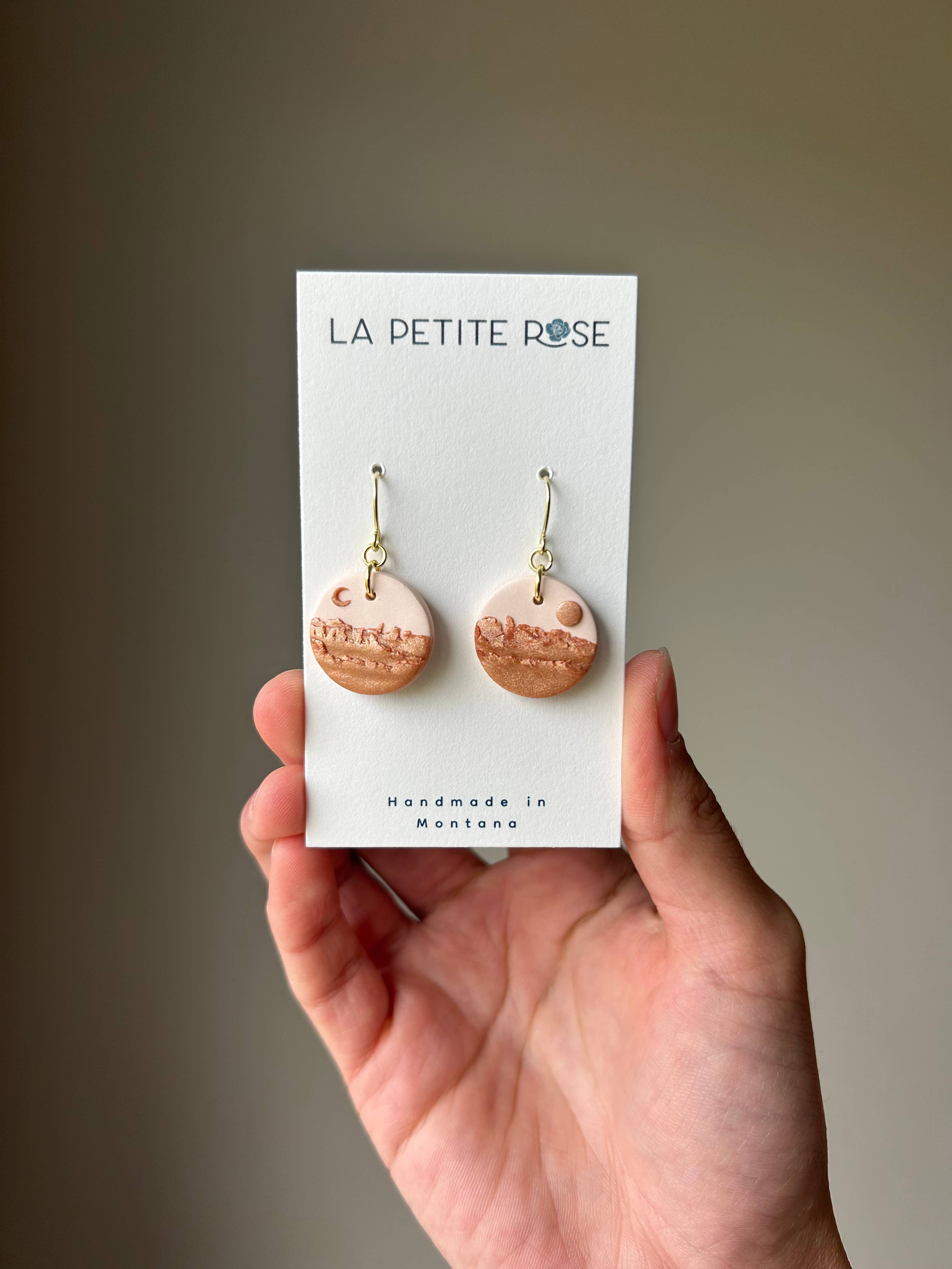 Copper Clay Landscape Earrings, Sun Moon Clay Earrings
