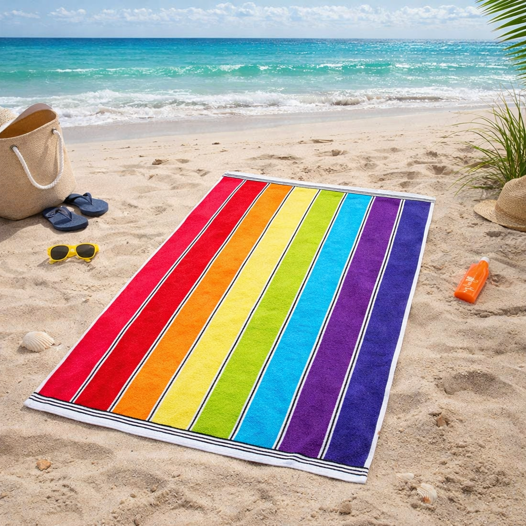 Rainbow Stripe Cotton Beach Towel - Luxury Soft Travel Towel: Multi-Colored