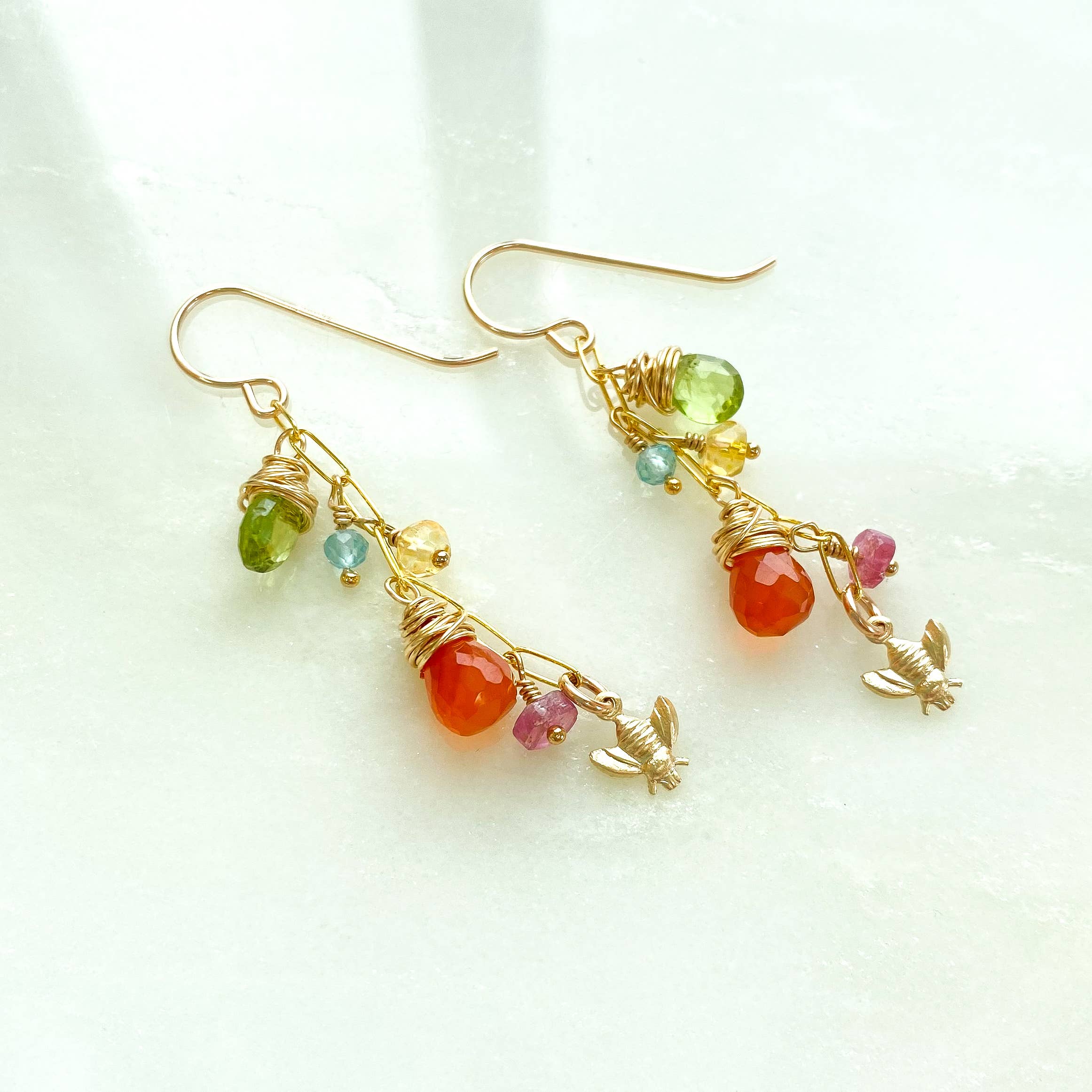 Wildflower Earrings with bee charm and mixed gemstones