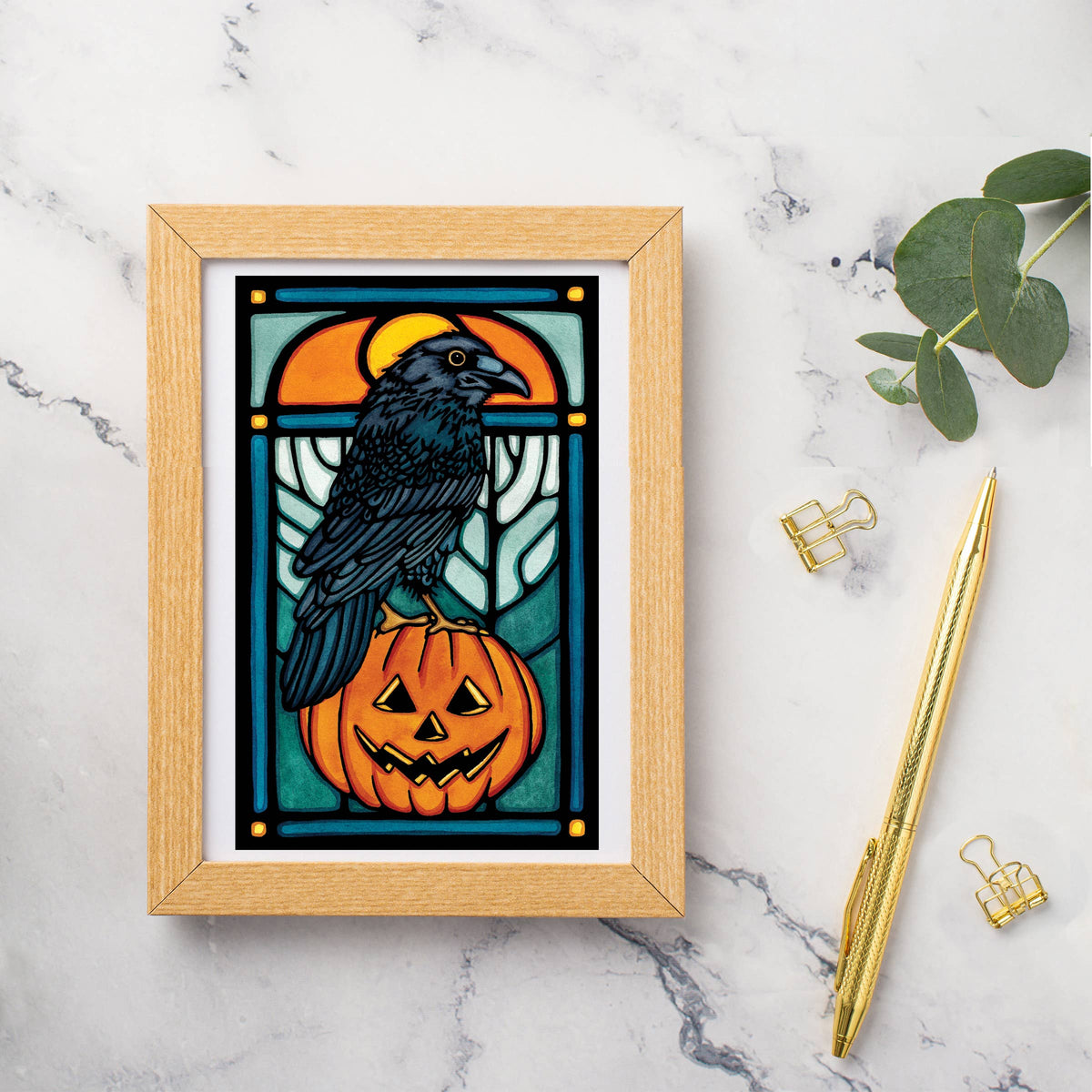 Greeting Card Raven with Pumpkin
