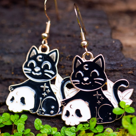 Black Cat & Skull Enamel Earrings by Miss Maddie