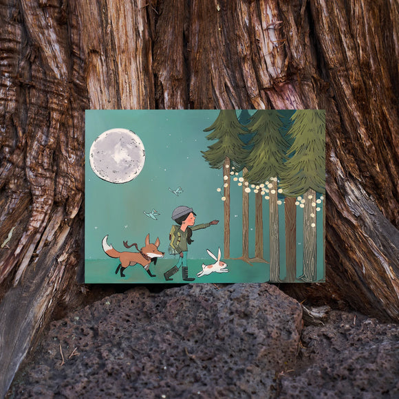 Forest Lights -Hiker girl and fox in moonlit forest Greeting Card