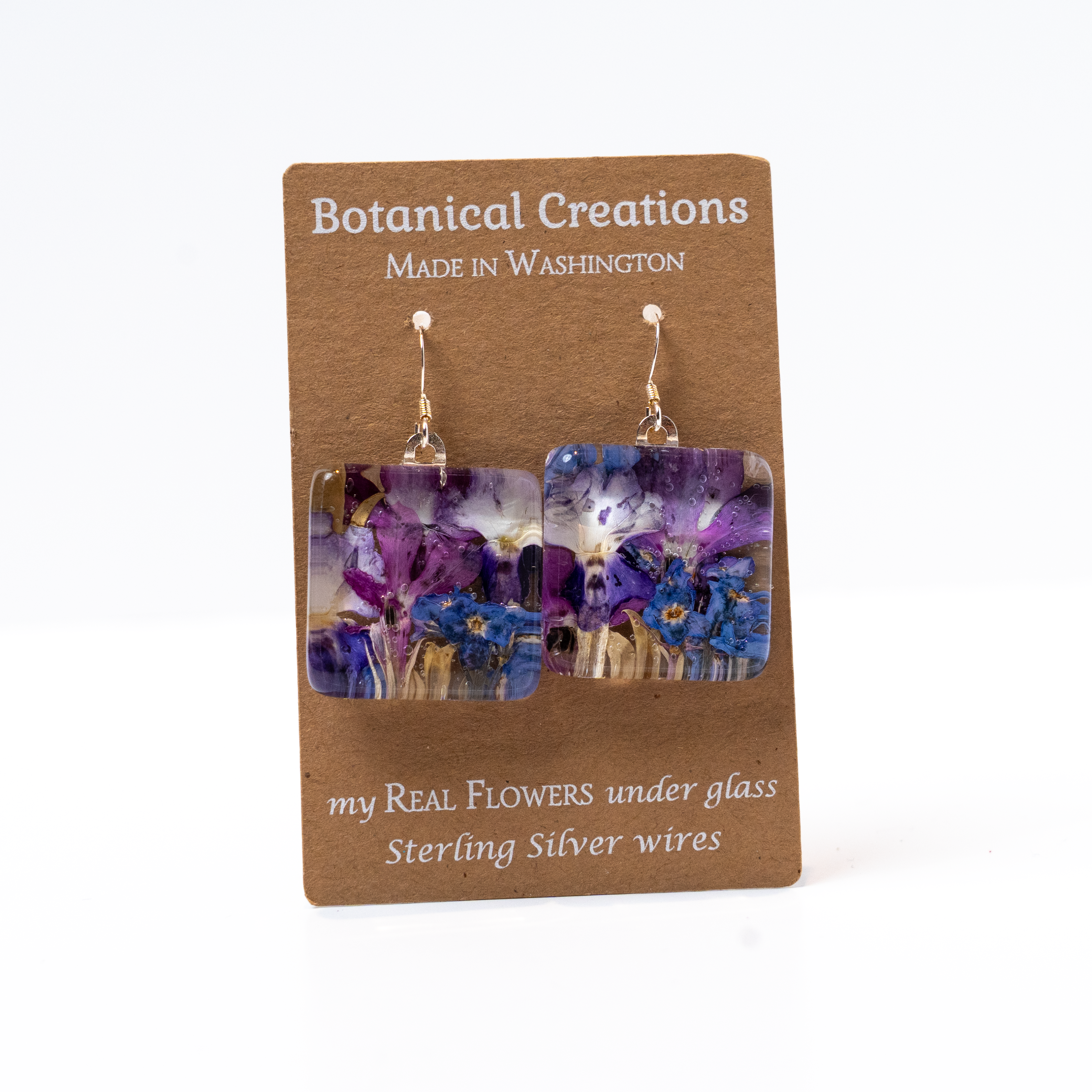 Forget Me Not Leaves + Verbena Square Earrings by Botanical Creations