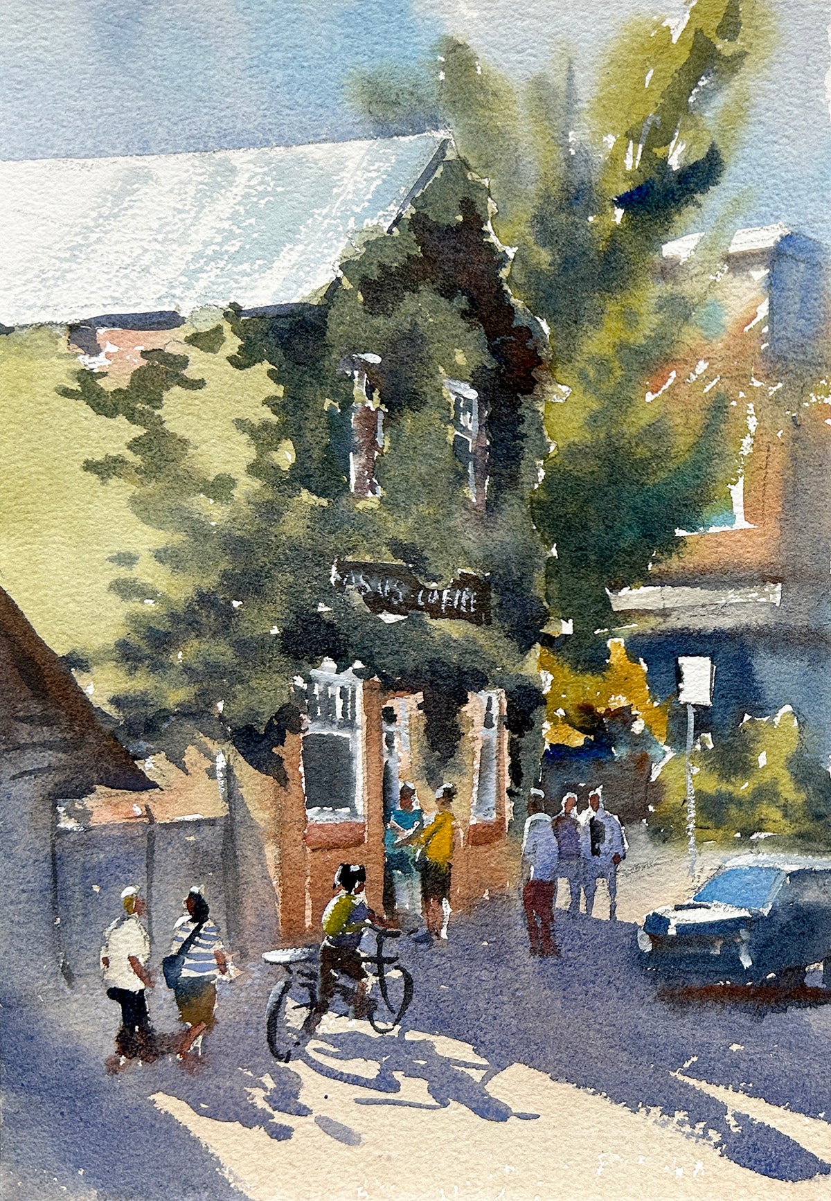 Getting Coffee at Pegasus (Woodblock 6"x8")