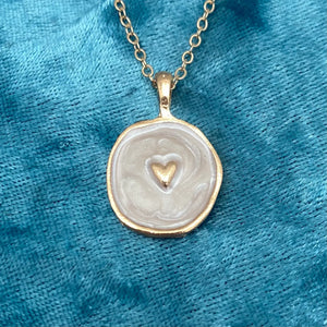 Gold white enamel heart wax seal necklace
